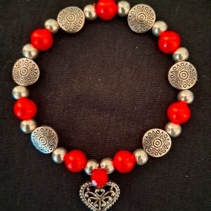 Silver and Red Beaded Heart Bracelet